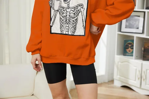 Miniatura 6 de Meladyan - Sudadera de forro polar con estampado de calavera de Halloween de gran tamaño, cuello redondo, manga larga, hombros caídos