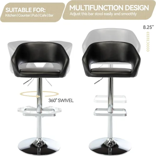 Miniatura 3 de Vogue Furniture Direct Taburete de bar ajustable con respaldo y brazos huecos, moderno taburete giratorio de piel sintética, silla de barra de Negro