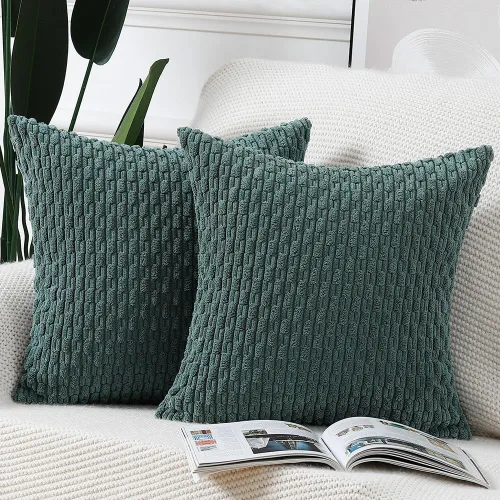 MADIZZ Juego de 2 fundas de almohada decorativas de pana rayadas estilo boho, 22 x 22 pulgadas, verde oscuro suave, funda decorativa para cojín de