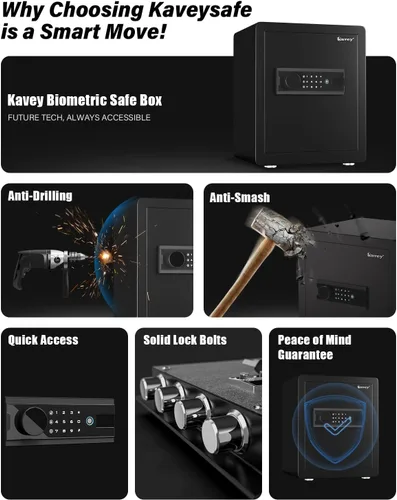 Miniatura 4 de Kavey Caja de seguridad biométrica de 2.0 cub, caja fuerte de huellas dactilares con teclado retroiluminado de pantalla táctil y sistema de alarma