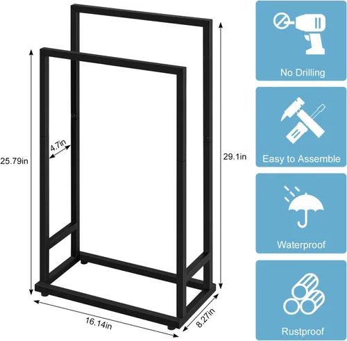 Miniatura 2 de Toallero de pie, toallero de acero inoxidable de 2 niveles para baño, soporte para secado de toallas de mano, soporte para toallero, soporte