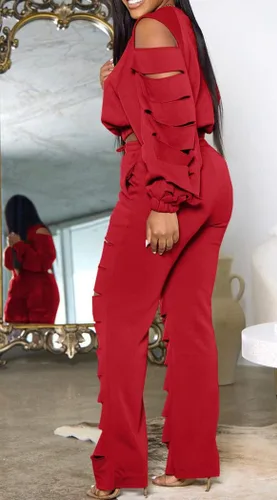 Miniatura 2 de Choichic Women's Sweatsuits Set 2 Piece Outfits Hollow Out Long Sleeve Crop Top Long Pants Tracksuit Set Pants Set