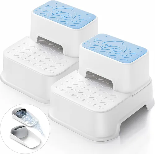 Taburete de 2 escalones para niños, antideslizante multifuncional para baño, fregadero y inodoro para entrenamiento de orinal, soporta hasta 220 Azul