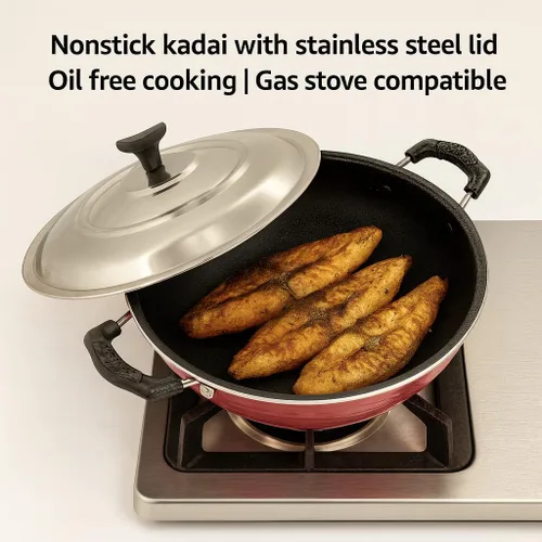 Miniatura 8 de DBY Kadai antiadherente con tapa de acero inoxidable de 2 litros de sartén profunda antiadherente Kadhai indio para curry, freír y salsa de gas