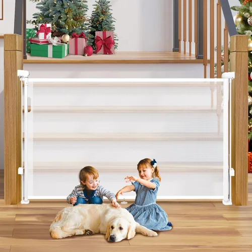 Miniatura 17 de Puertas de bebé retráctiles para escaleras, Pravoluxmax puerta retráctil extra ancha de 78" con varillas de soporte para la casa, puerta de Blanco