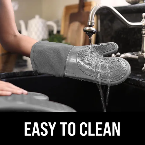 Miniatura 6 de Guantes de horno de silicona con forro de algodón acolchado – profesional resistente al calor olla de cocina soportes – 1 par Gris