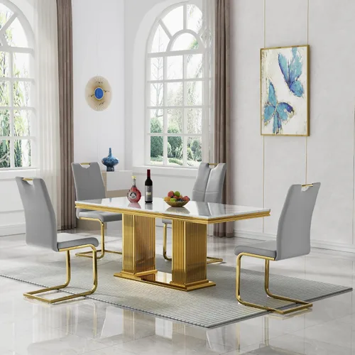 Miniatura 57 de 5 Piece Black Marble Dining Table Set for 4, Modern Faux Marble Kitchen Dining Room Tables with 4 Leather Chairs Set, 68.11" Luxury Rectangular