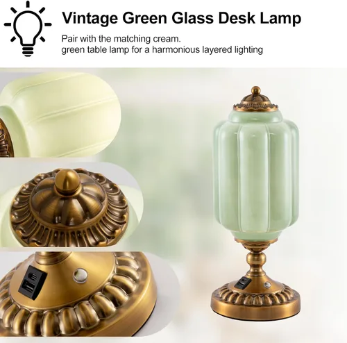 Miniatura 7 de Lámpara de mesa táctil de vidrio de leche, cristal de jadeíta verde de mediados de siglo, moderna lámpara de mesita de noche, 3 puertos USB C + A