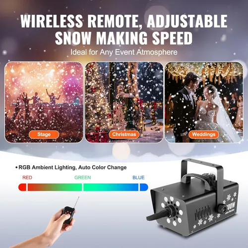 Miniatura 4 de VEVOR Máquina de nieve de 800 W con 9 luces LED RGB y control remoto, efecto de nieve de alto rendimiento para Navidad, Halloween, boda, fiestas