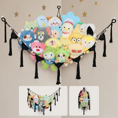 Miniatura 20 de Hamaca para Animales de Peluche de Esquina - 142 cm Jumbo Hecha a Mano de 5mm de Doble Cordón de Macramé para Almacenamiento de Animales de Peluche