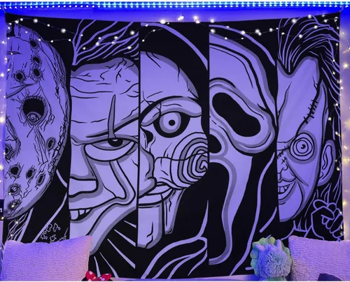 Miniatura 4 de Tapiz de Cara de Terror Blanco y Negro Trippy para Colgar en la Pared, Decoración de Halloween, Tapiz de Fiesta para Dormitorio, Sala de Estar