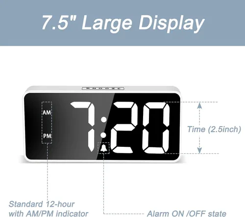 Miniatura 2 de Welgo Reloj despertador de número grande de 7.5 pulgadas para personas mayores y niños, 0-100% brillo y volumen ajustables, puerto de carga USB