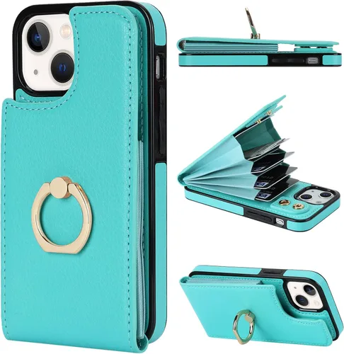 Miniatura 14 de Folosu Funda compatible con iPhone 13 Mini con soporte para tarjetas, rotación de 360°, soporte de anillo de dedo con función atril, protección Azul