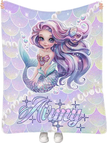 Miniatura 9 de Manta personalizada de sirena para niñas, manta de envoltura personalizada con nombre, manta de forro polar suave para niños recién nacidos, manta