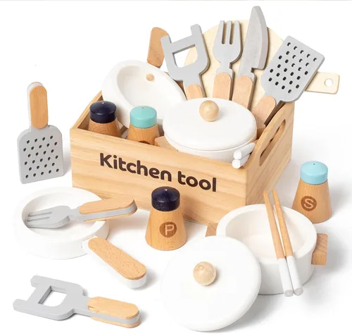 10 piezas de juguetes de cocina de madera, utensilios y accesorios, juego de ollas y sartenes de simulación, juguete de cocina Montessori para niños