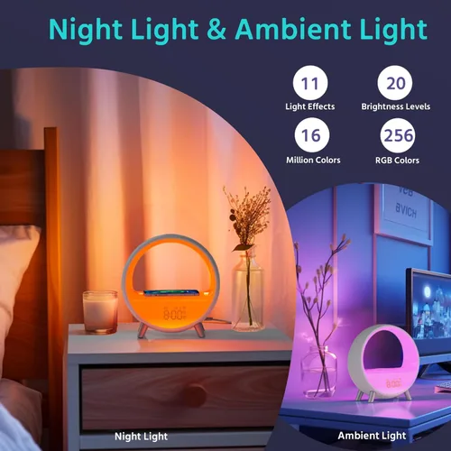 Miniatura 5 de MOMILLA Reloj despertador Sunrise con estación de carga inalámbrica de 15 W, altavoz Bluetooth y máquina de ruido blanco, luz de despertador