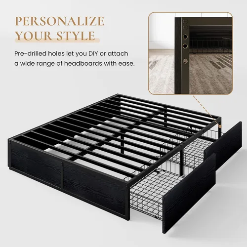 Miniatura 5 de SHA CERLIN Base de cama de plataforma Queen con 2 cajones de almacenamiento grandes, madera rústica y metal, sin ruido, fácil montaje, no necesita