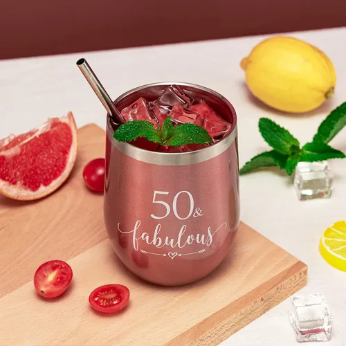 Miniatura 4 de Crisky Vaso de vino de oro rosa 50 y fabuloso para mujer, regalo de cumpleaños 50 para mujeres, esposa, mamá, hermana, tía, amigas, compañera
