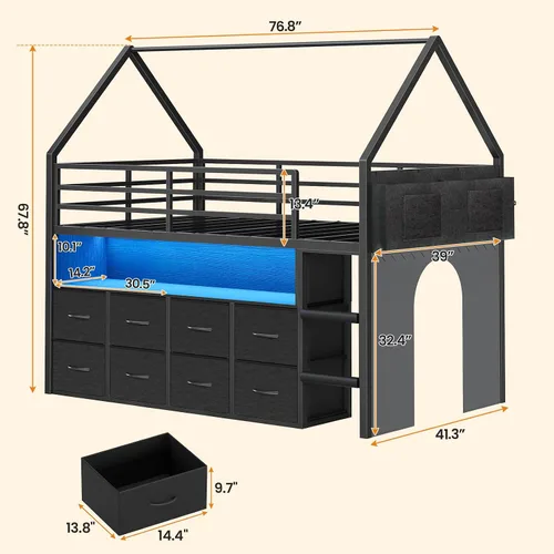 Miniatura 2 de BTHFST Cama tipo loft tamaño twin para niños, 8 cajones de almacenamiento y luces LED, cama de metal en forma de casa con estantería, escalera
