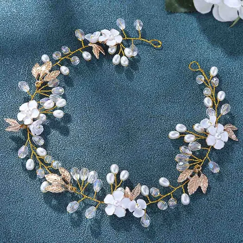 Miniatura 2 de JONKY Vid de pelo de novia de cristal de hoja de perla, diademas y accesorios para el cabello para mujer (dorado)