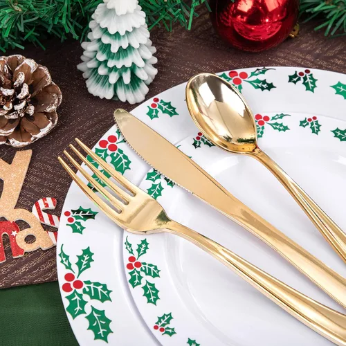 Miniatura 7 de FLOWERCAT Juego de 175 piezas de platos de Navidad y platos de bayas de acebo - Platos desechables de Navidad Incluyen 50 platos de plástico