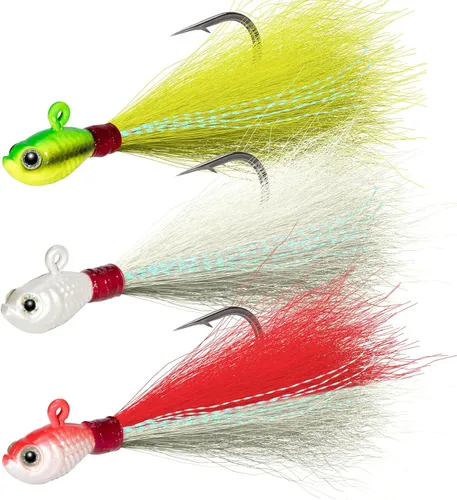 Miniatura 9 de Dr.Fish Paquete de 3 señuelos de cola de cubo para el cabello, señuelos de agua salada y dulce para pesca de surf, pesca, blanco, rojo, Chartreuse