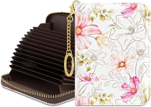 Rouidr Tarjetero de crédito para mujer, pequeña cartera organizadora de tarjetas RFID delgada con cremallera y llavero, Elegante diseño floral.,