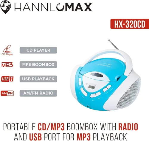 Miniatura 4 de HANNLOMAX HX-320CD CD/MP3 Boombox, radio AM/FM, puerto USB para reproducción de MP3, entrada auxiliar, pantalla LCD, fuente de alimentación dual