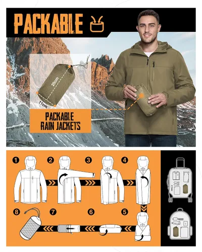 Miniatura 2 de 33,000ft Chaqueta de lluvia plegable para hombre, chaqueta ligera impermeable con capucha, impermeable tipo gabardina para ciclismo