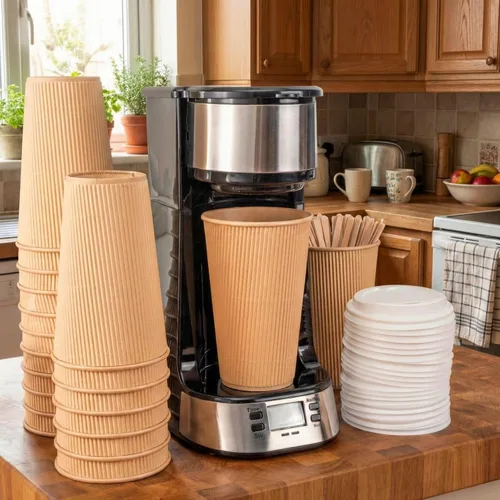 Miniatura 3 de Restaurantware Vasos de café desechables de pared ondulada de 16 onzas, 500 vasos de papel kraft aislados con diseño de borde enrollado, las tapas