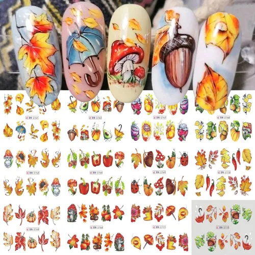 12 hojas de calcomanías de uñas de otoño de Acción de Gracias para arte de uñas, hojas de arce, calcomanías de calabaza para uñas de transferencia