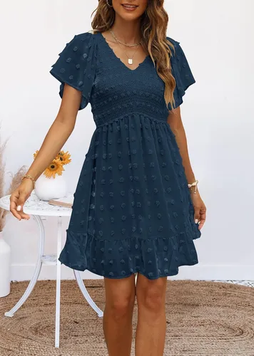 Miniatura 5 de TECREW Vestido corto de verano con cuello en V y manga corta fruncida para mujer