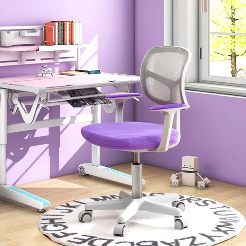Miniatura 2 de Silla de escritorio para niños, silla ergonómica giratoria para estudio con soporte lumbar, malla transpirable y ruedas universales, silla de Violeta