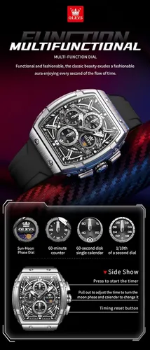 Miniatura 4 de OLEVS Men Watches Business Dress Chronograph Big Square Quartz Analog Male Watch Silicone Strap Waterproof Date Gift Mens Wrsit Watch Silver