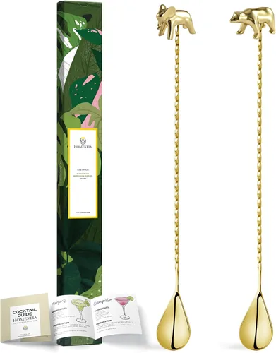 Homestia Cuchara de cóctel dorada de acero inoxidable de 12 pulgadas con mango de oso elefante, perfecta para mezclar y colocar bebidas en tazas