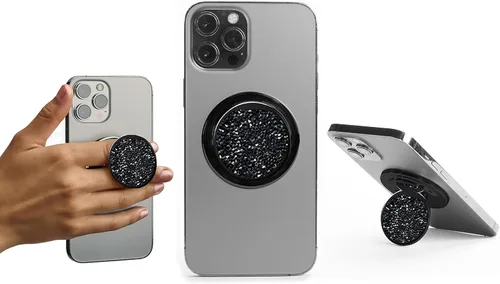 Miniatura 7 de HANDL O MagSafe - Agarre y soporte de cuero negro para teléfono, agarre magnético extraíble, soporte retráctil para dedos POPL Tap-to-Share Contact