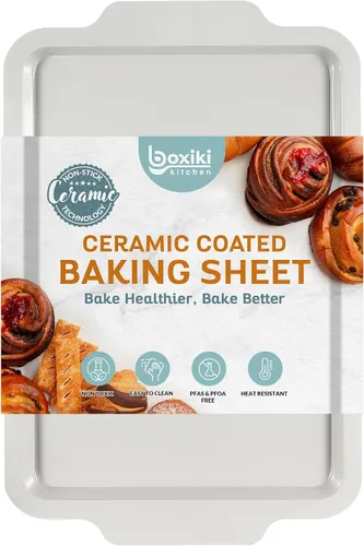 Miniatura 10 de Boxiki Kitchen Bandeja antiadherente para hornear y galletas, no tóxica de acero al carbono con borde de 11 x 14 pulgadas. Resistente a abolladuras