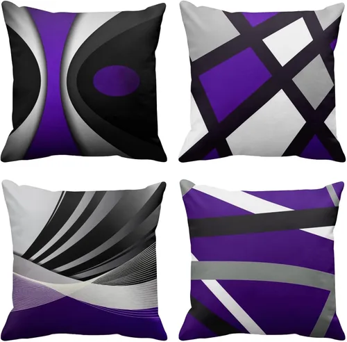 Miniatura 13 de Emvency - Juego de 4 fundas de almohada decorativas modernas con rayas abstractas en rojo, gris, negro y blanco, acrílico, gris audaz, fundas