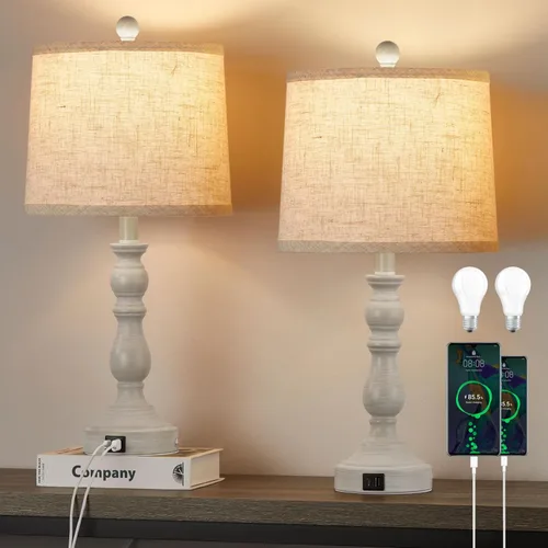 Miniatura 10 de Juego de 2 lámparas de mesa de granja de 23 pulgadas para sala de estar, con puertos USB C+A, lámpara de noche retro para dormitorio, oficina, negro