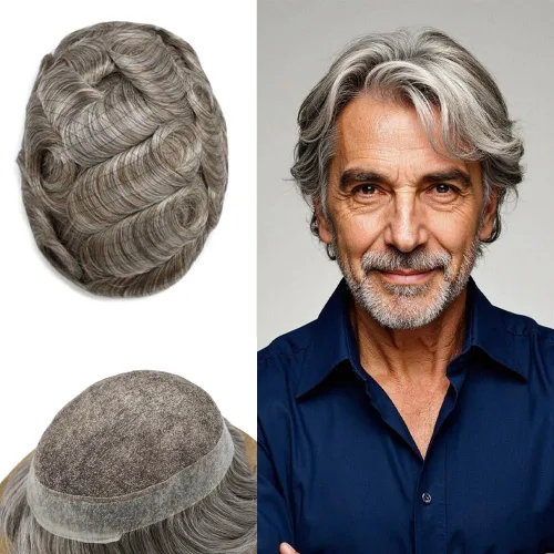 Miniatura 81 de Toupee para hombres Sistema de reemplazo de cabello humano real pieza de cabello humano para hombres encaje suizo para hombre Toupee Hair Pieces