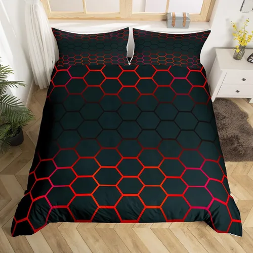 Miniatura 35 de Funda de edredón hexagonal verde estereoscópica de nido de abeja para niños, diseño geométrico de colmena, funda de edredón geométrica de panal