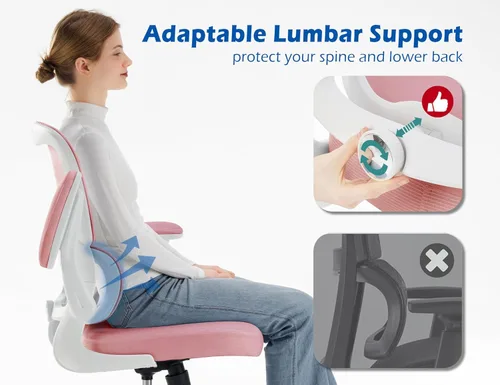 Miniatura 3 de TRALT Silla de oficina ergonómica, silla de escritorio con soporte lumbar ajustable, silla de computadora cómoda de malla con reposabrazos Rosa