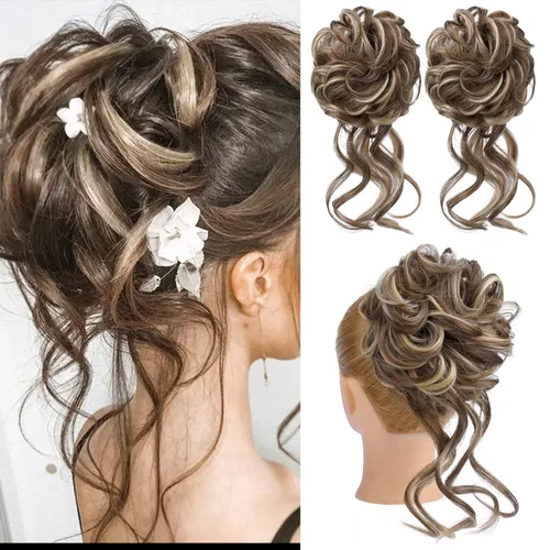 Miniatura 13 de HOOJIH 2 piezas de moño despeinado, recogido despeinado con mechones, extensiones de moño de cabello ondulado rizado, envoltorio de cabello, cola