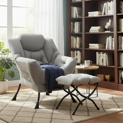 Miniatura 9 de Welnow - Silla perezosa con otomana, moderna silla de descanso con reposabrazos y bolsillo lateral, juego de sillón tapizado de ocio, sillón de Gris