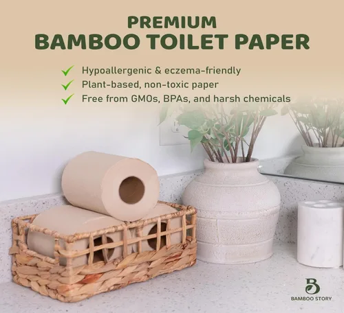 Miniatura 7 de Bamboo Story, Papel higiénico de bambú sin blanquear, 12 rollos, 3 capas y 300 hojas de papel higiénico de bambú, certificado FSC, biodegradable