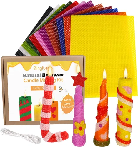 Bingfuego Kit de fabricación de velas de cera de abeja para niños, 12 hojas para enrollar, kit de fabricación de velas naturales (color clásico, 10