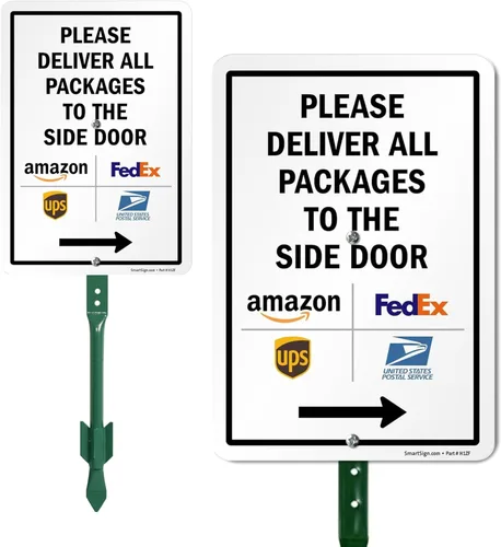 Miniatura 11 de SmartSign Letrero de flecha izquierda con texto en inglés "Please Deliver All Packages to The Side Door", 10 x 7 pulgadas, aluminio laminado a