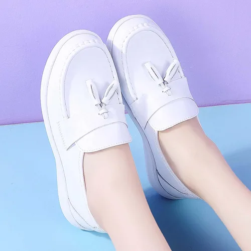 Miniatura 6 de Zapatos de enfermería, zapatos antideslizantes para mujer, para restaurante, cómodos zapatos planos, mocasines y sin cordones, Blanco
