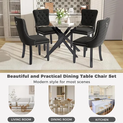 Miniatura 8 de Juego de mesa de comedor de 51 pulgadas de vidrio para 4, mesa de cocina rectangular de vidrio con 4 sillas tapizadas con acentos de terciopelo