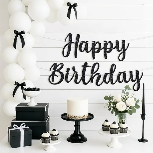 Miniatura 4 de Cartel de feliz cumpleaños pre-encordado – No DIY – Cartel negro de feliz cumpleaños para hombres y mujeres – Guirnalda preencordada en hebras de 6